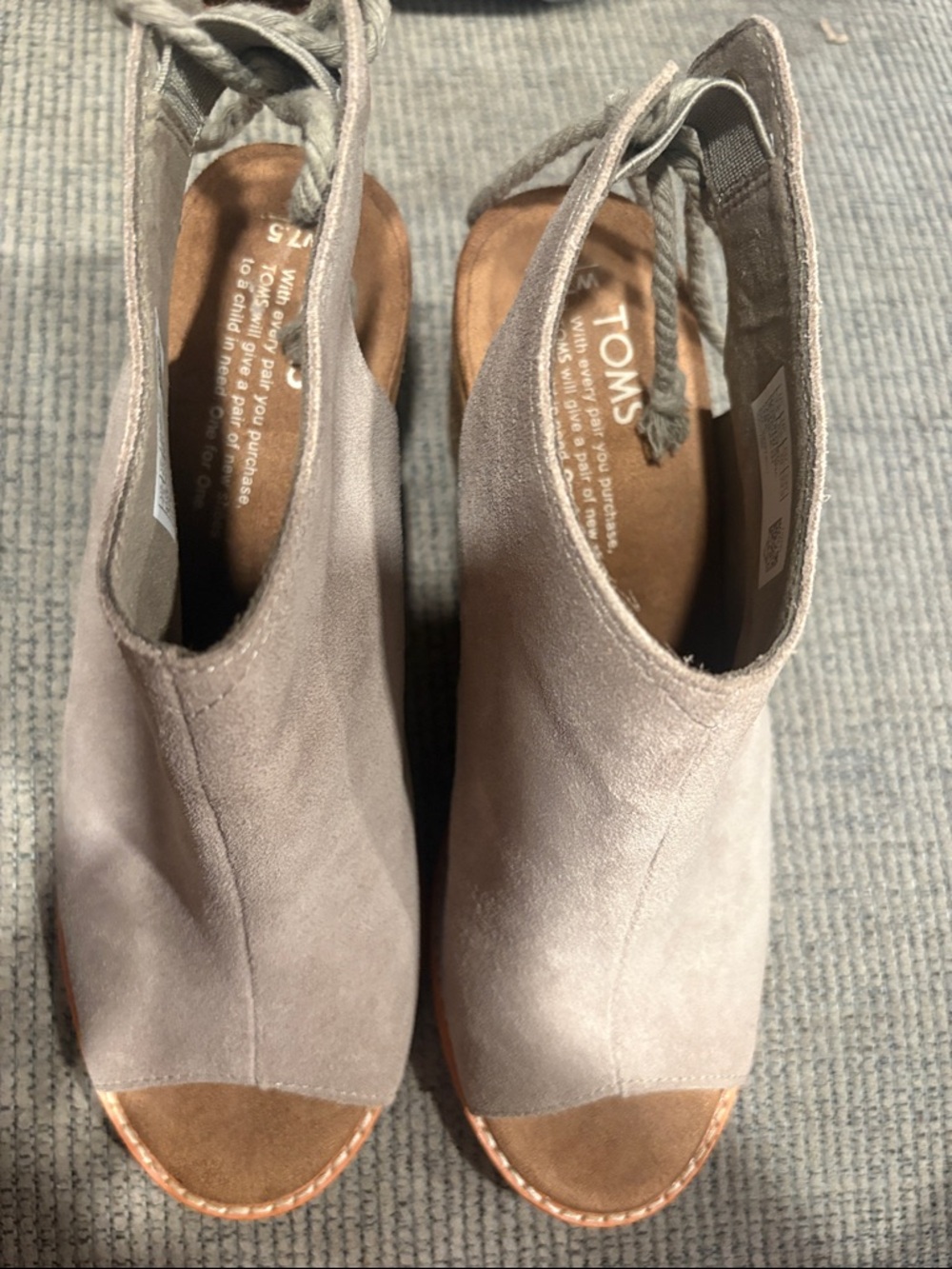 TOMS Gray Suede Peep-Toe Lace-Back Wedge Mules